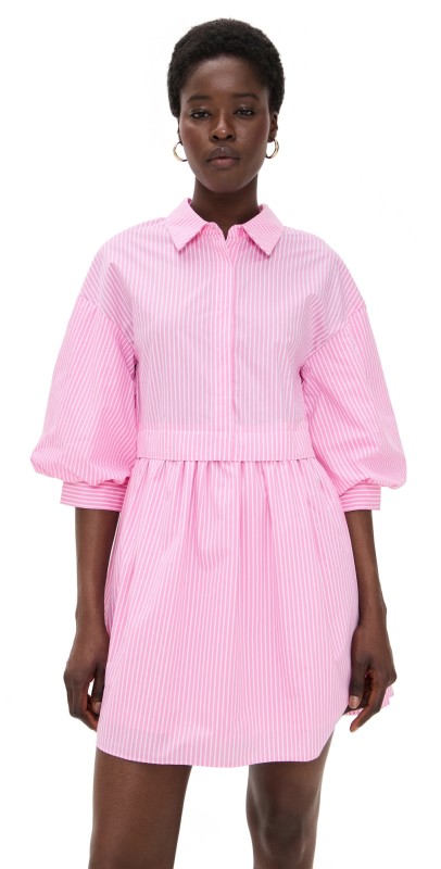 English Factory Stripe Puff Sleeve Shirt Dress Pink Stripes