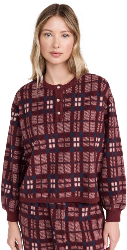 THE GREAT. The Plush Fleece Henley Sleep Sweatshirt Fireside Plaid