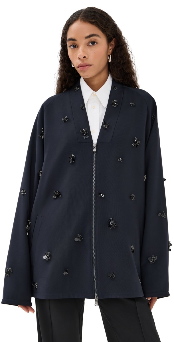 Tibi Tropical Wool Beaded Bomber Navy