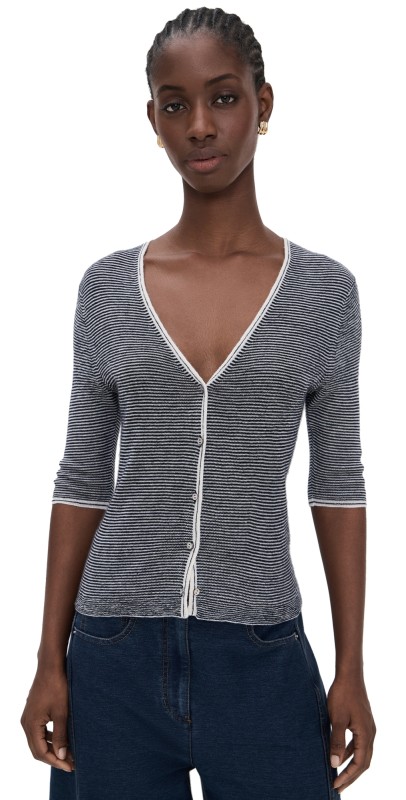 Vince Microstripe V Neck Cardigan Off White/Coastal