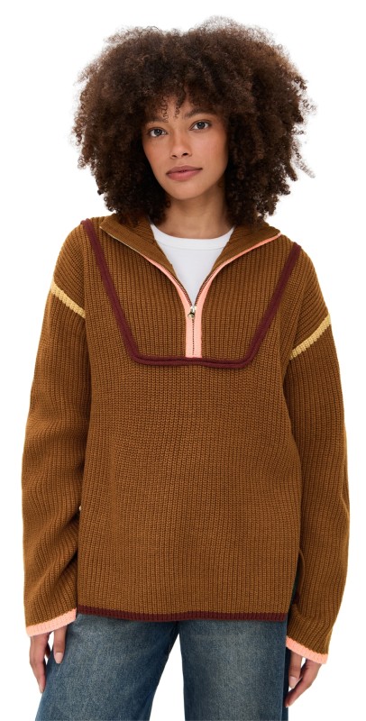 English Factory Contrast Piping Quarter Zip Sweater Mocha Multi
