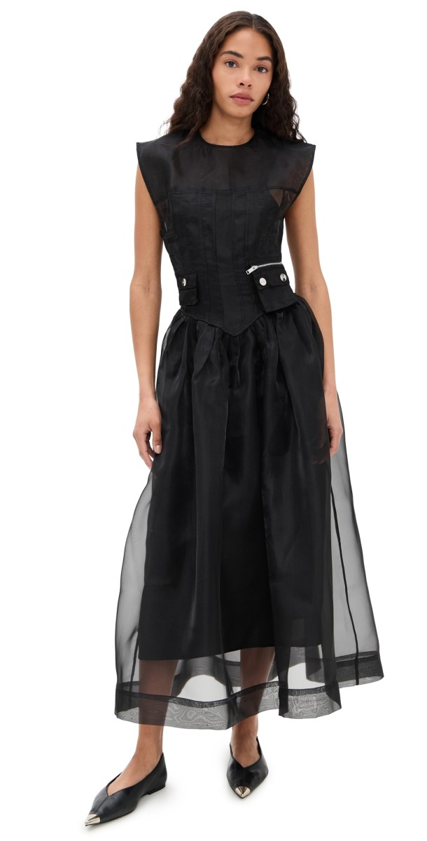 GANNI Technical Organza Corset Dress Black