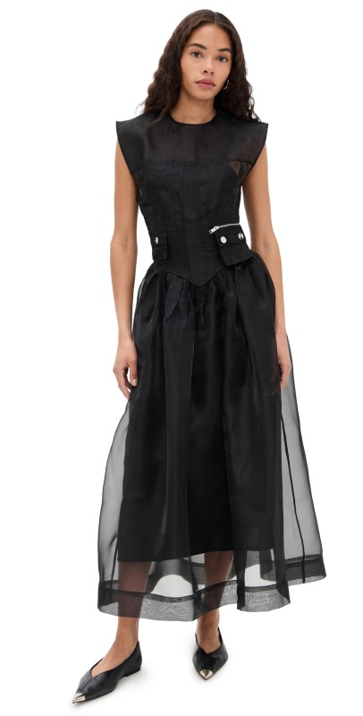 GANNI Technical Organza Corset Dress Black