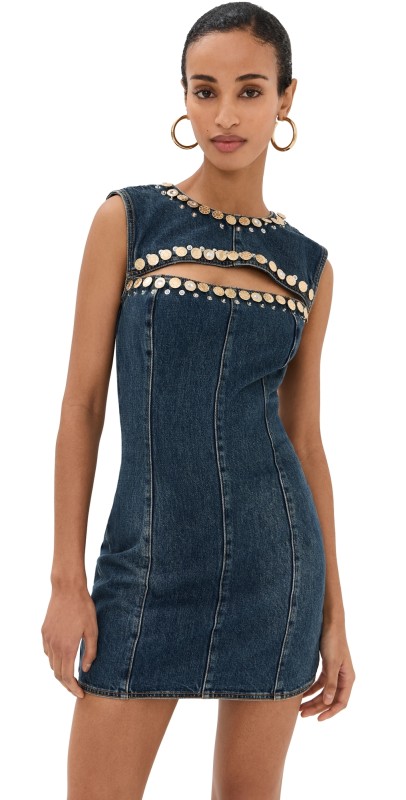 AREA Crystal Button Studded Slit Mini Dress Dark Blue Wash