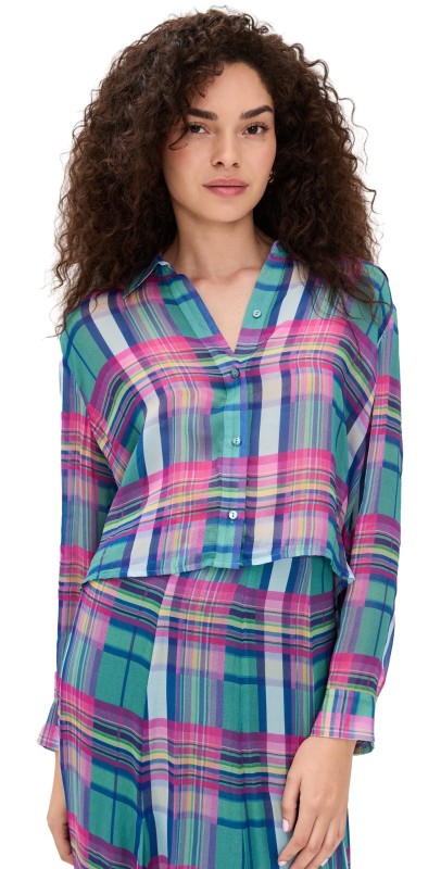 L'AGENCE Cosette Crop High Low Shirt Multi Colorful Plaid