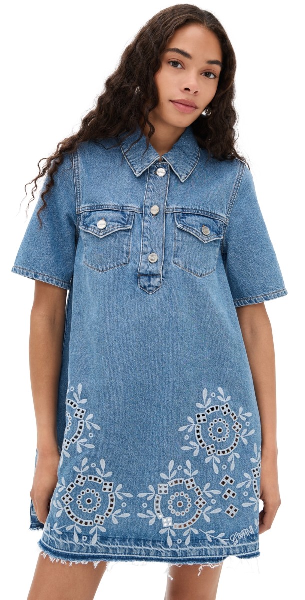 GANNI Broderie Anglaise Denim Mini Dress Light Blue Stone