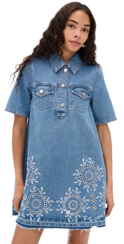 GANNI Broderie Anglaise Denim Mini Dress Light Blue Stone