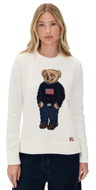 Polo Ralph Lauren American Flag Bear Sweater Deckwash White