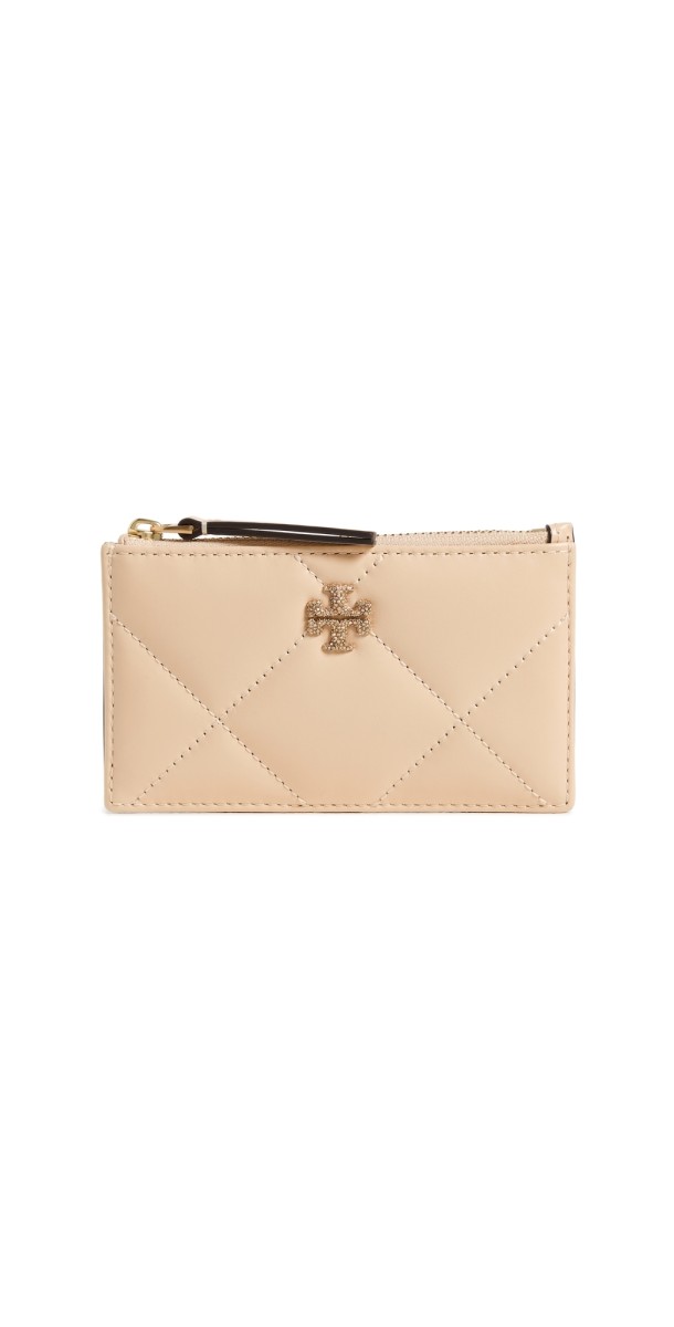 Tory Burch Kira Diamond Quilt Pave Logo Zip Card Case Vanilla Soft Serv