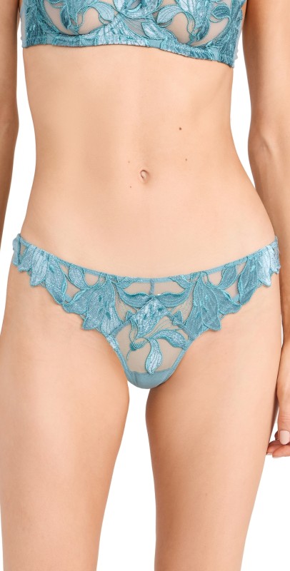 Fleur du Mal Velvet Lily Embrodiery Thong Icy Teal