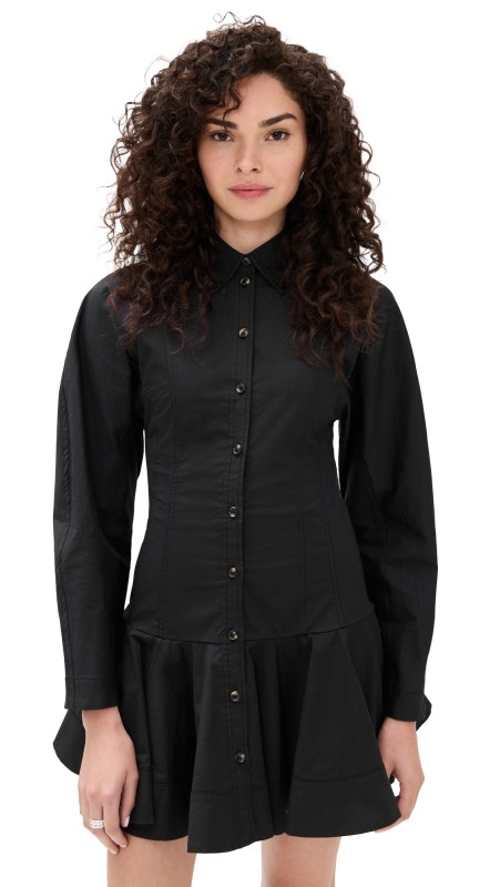 GANNI Stretch Cotton Buttoned Mini Dress Black