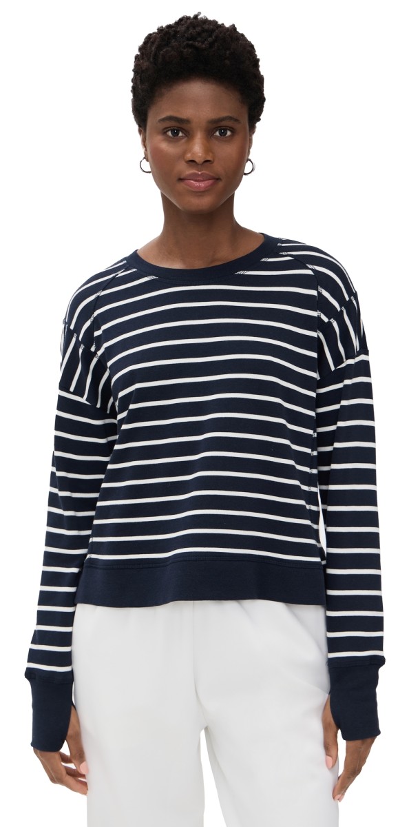 Sweaty Betty After Class Crop Sweatshirt Navy White Stripe