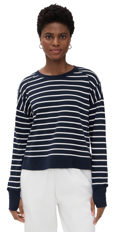 Sweaty Betty After Class Crop Sweatshirt Navy White Stripe