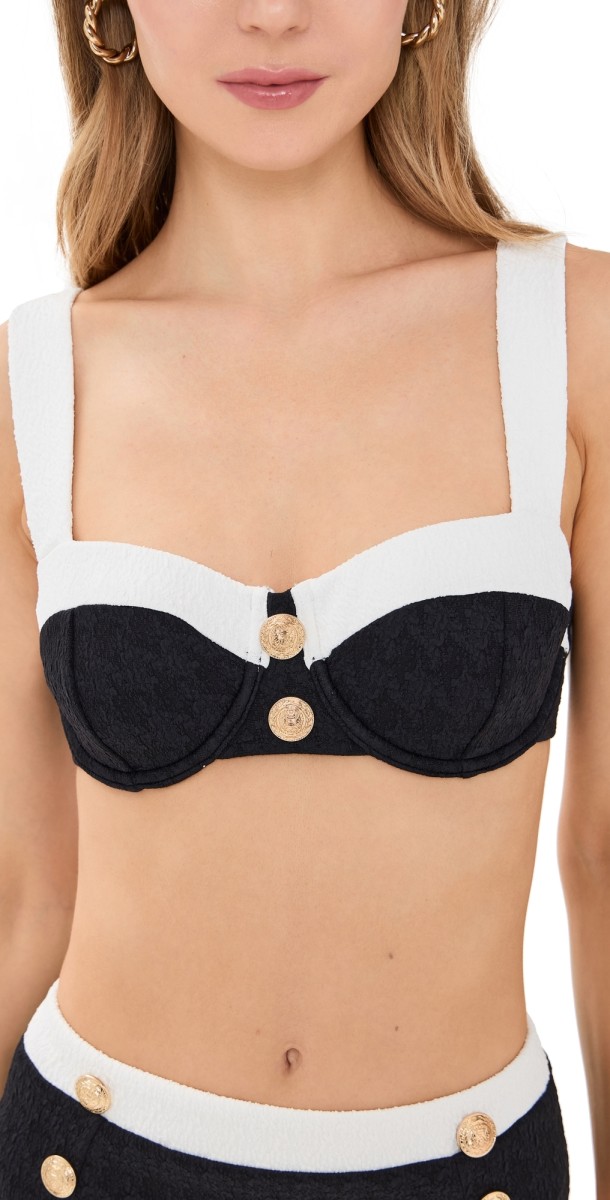 L'AGENCE Alexandria Colorblock Chic Structured Bra Top with Gold Buttons Black