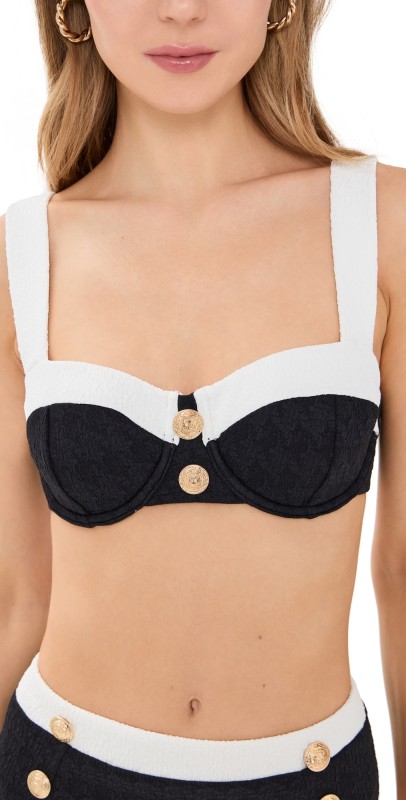 L'AGENCE Alexandria Colorblock Chic Structured Bra Top with Gold Buttons Black