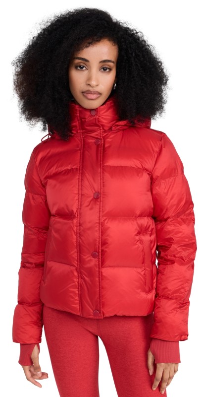 Beyond Yoga Big Cozy Hooded Puffer Jacket Ruby Red Heather
