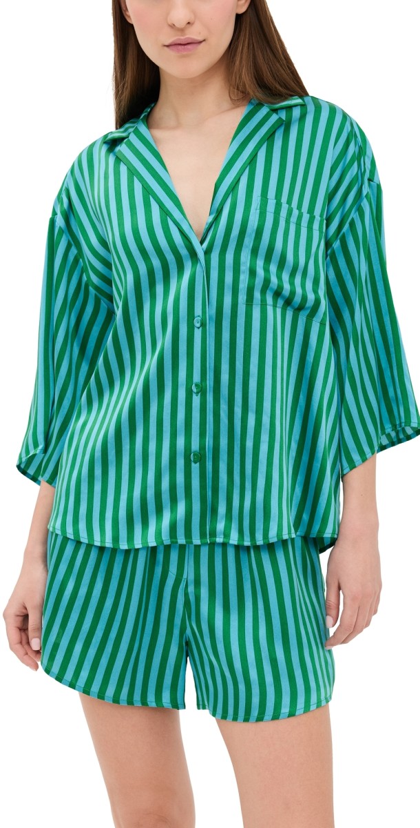 Lunya Washable Silk Relaxed Button Up Short Set Halcyon Stripe