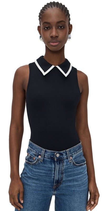 alice + olivia Rothy Sleeveless Collared Thong Bodysuit Black/Off White
