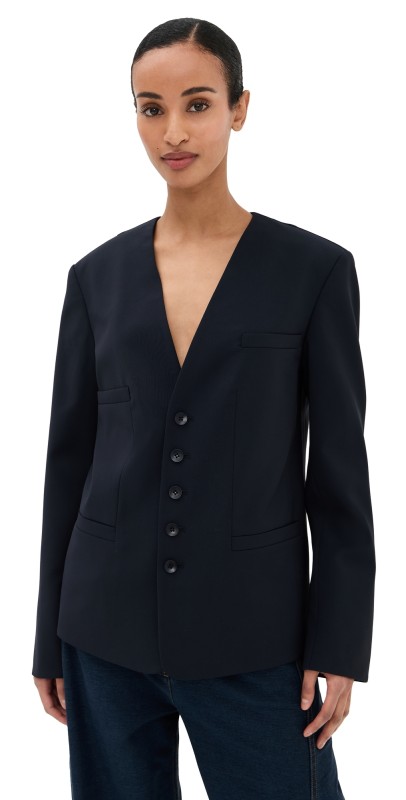 Tibi Tropical Wool Collarless Blazer Navy