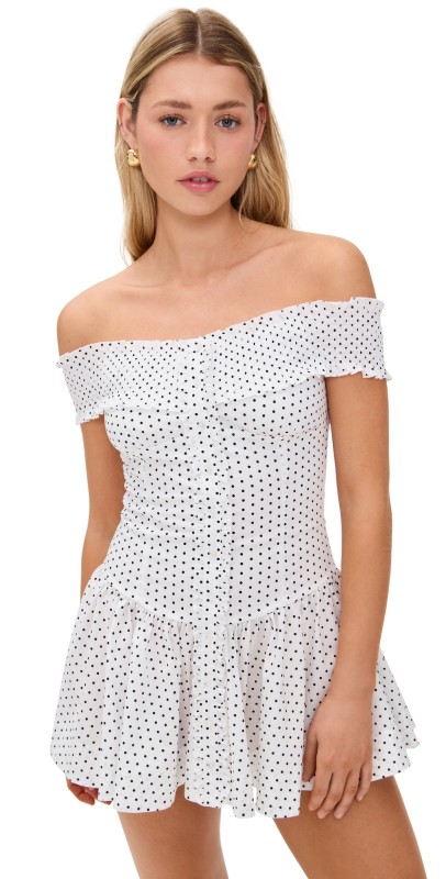 Frankies Bikinis Mae Poplin Mini Dress White Polka Dot Print