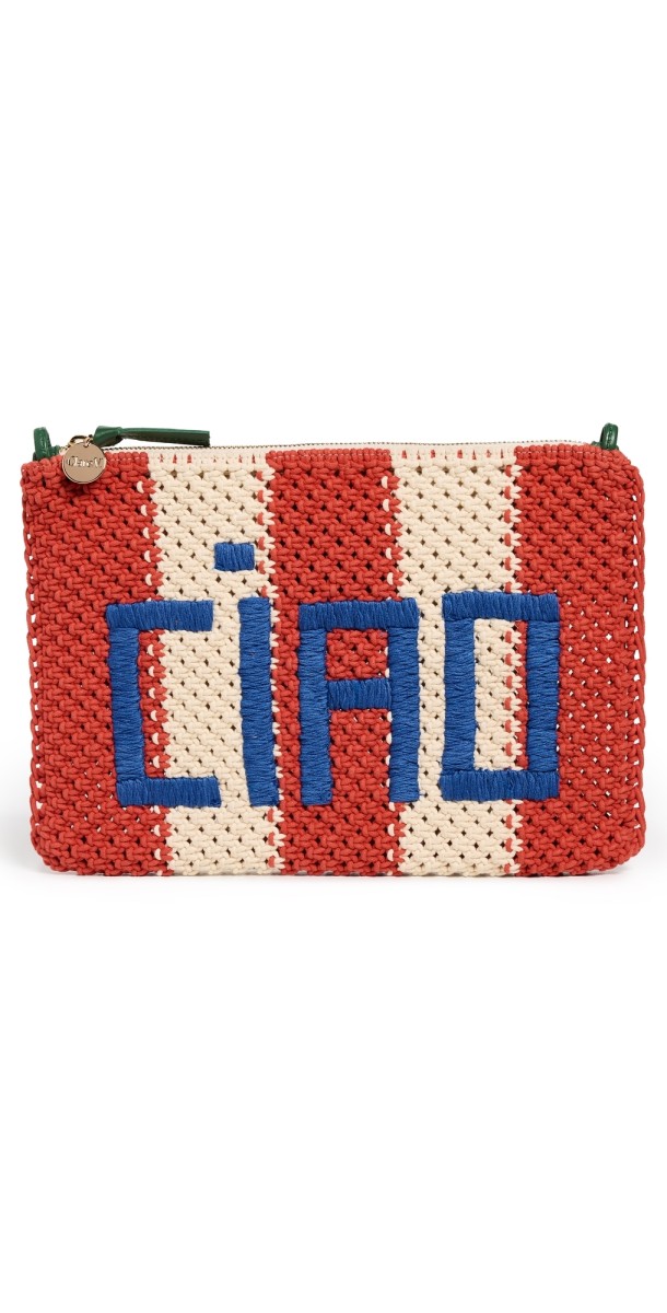 Clare V. Flat Clutch with Tabs Cream/Bright Poppy Crochet