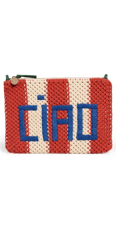 Clare V. Flat Clutch with Tabs Cream/Bright Poppy Crochet