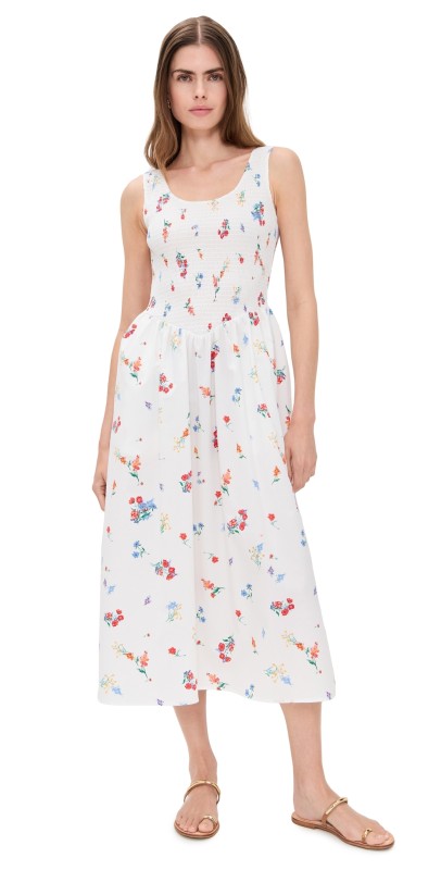 WAYF Dana Smocked Midi Dress Ivory Blossom