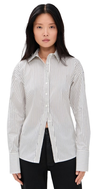Good American Poplin Tie Back Shirt Bcw Pinstripe001