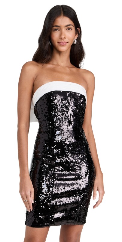 alice + olivia Sibella Sequin Strapless Draped Bow Mini Dress Black/Off White