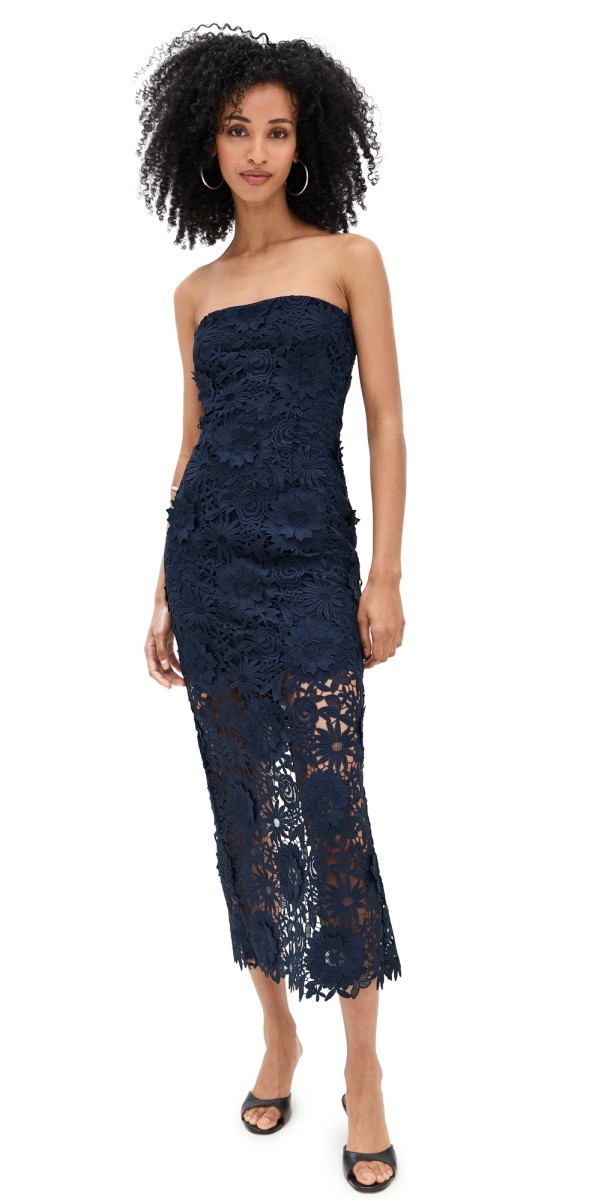 ROTATE 3D Lace Midi Dress Navy Blazer