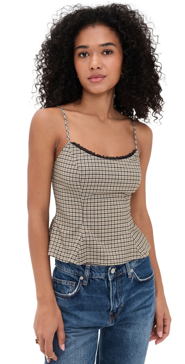 Reformation Genevieve Top Beige And Black Check
