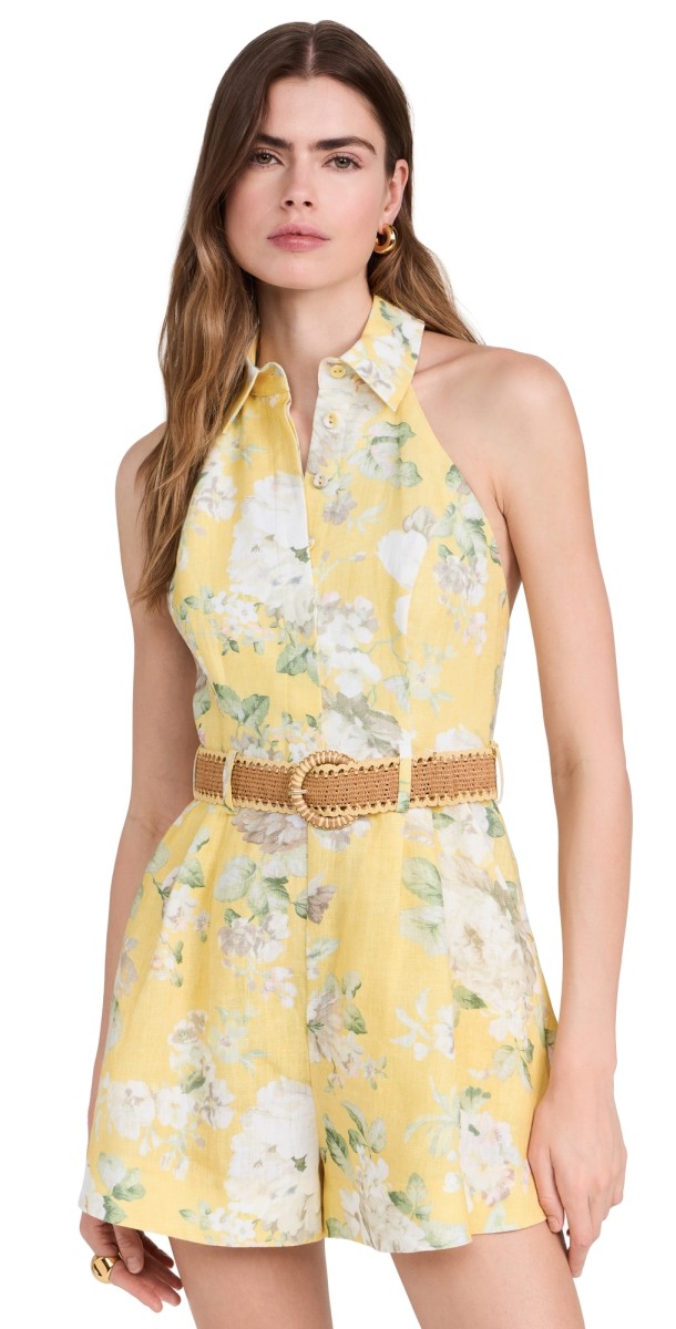 Zimmermann Acacia Halter Romper Yellow Watercolour Floral