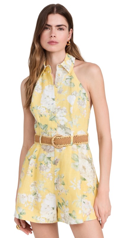 Zimmermann Acacia Halter Romper Yellow Watercolour Floral