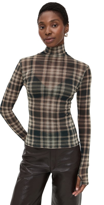 Enza Costa Plaid Mesh Turtleneck Plaid