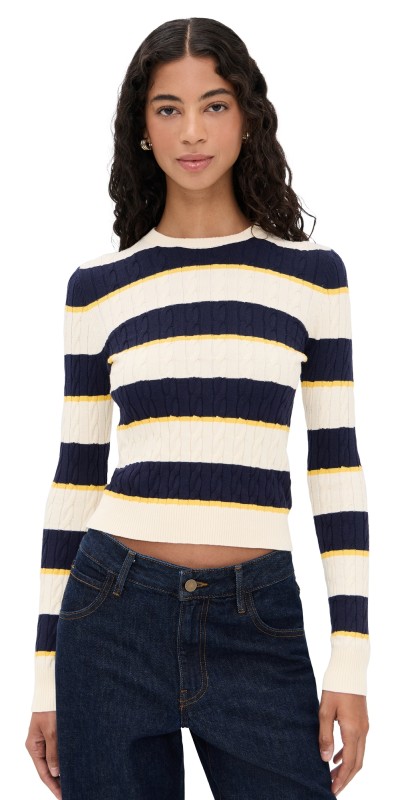 State & Lake Cable Knit Pullover Ivory/Navy/Yellow