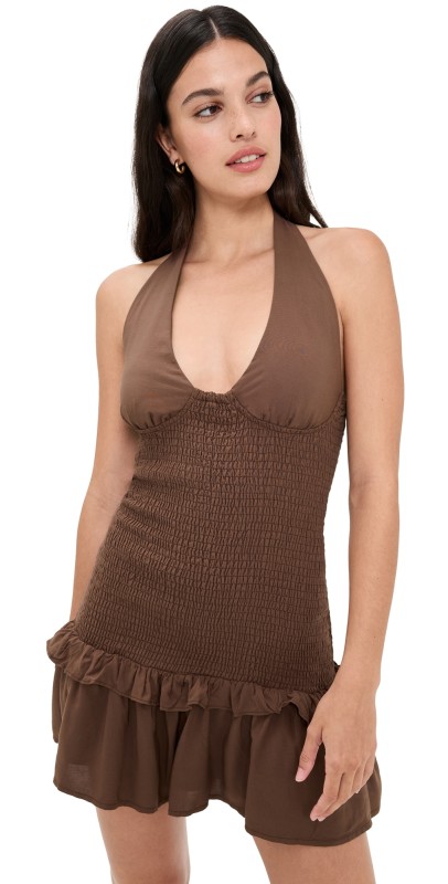 Seven Wonders Fleur Shirred Halter Mini Dress Chocolate