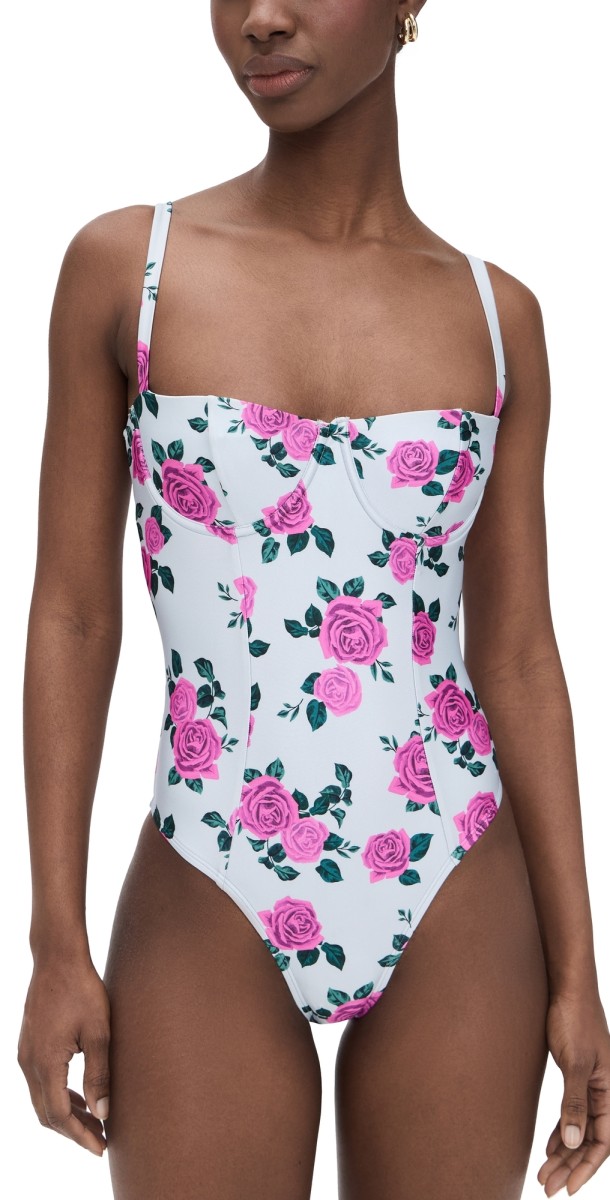 Good American Satin Square Neck Swimsuit Vintage Rose