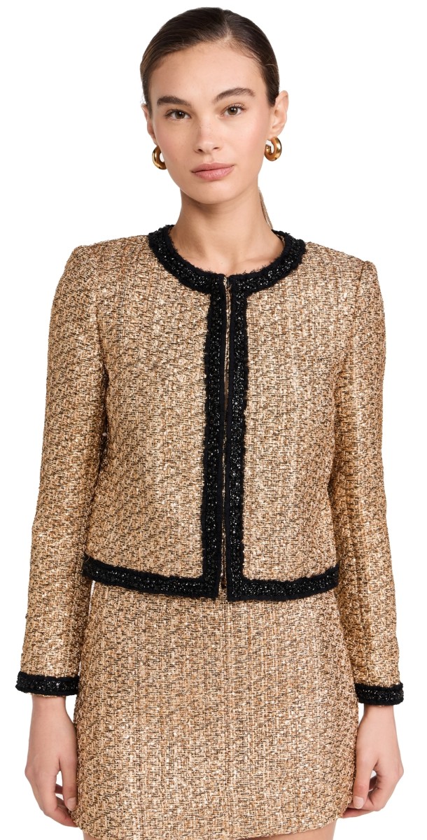 alice + olivia Landon Cropped Box Jacket with Embellished Trim Gold