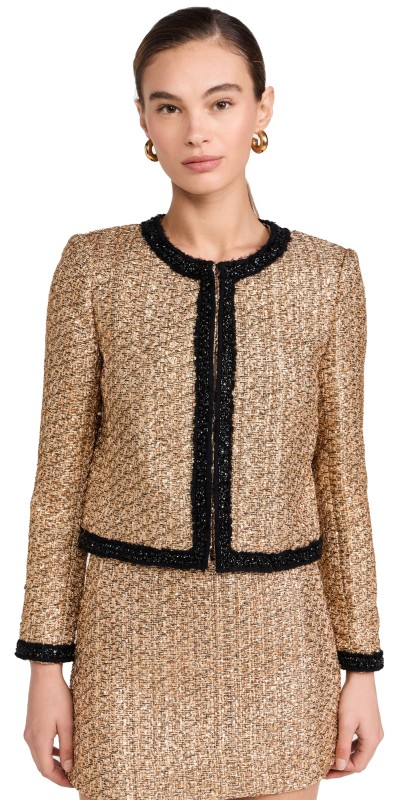 alice + olivia Landon Cropped Box Jacket with Embellished Trim Gold