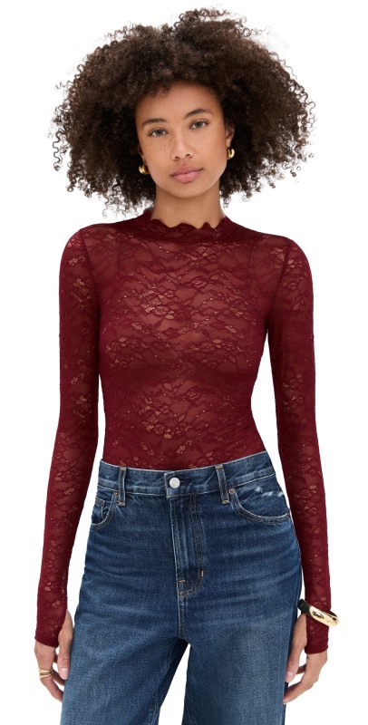 alice + olivia Taeyn Lace Crew Neck Bodysuit Oxblood