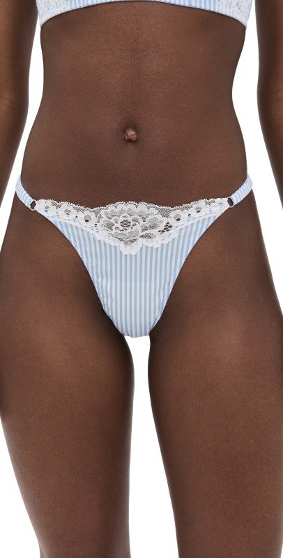 Fleur du Mal Poplin and Lace Cheeky Panties Stripe Sky
