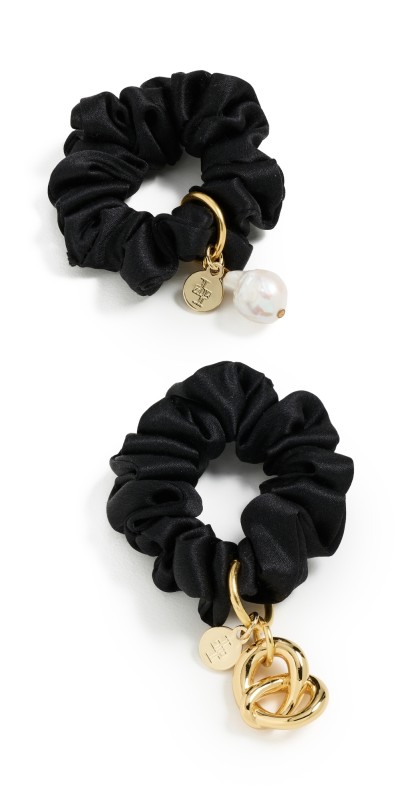 LELET NY Glossy Knot and Pearl Charm Scrunchie Set of 2 Black