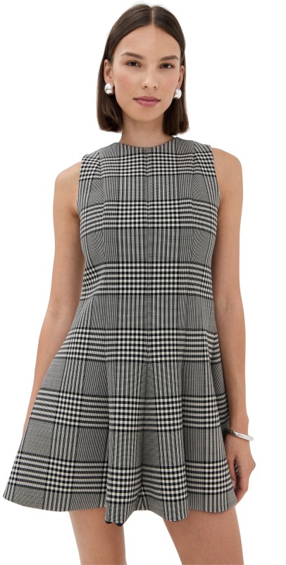Brandon Maxwell The Sophie Crew Neck Fitted Mini Dress Prince Of Wales Plaid