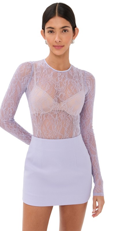 WARDROBE. NYC Lace Thong Bodysuit Lilac