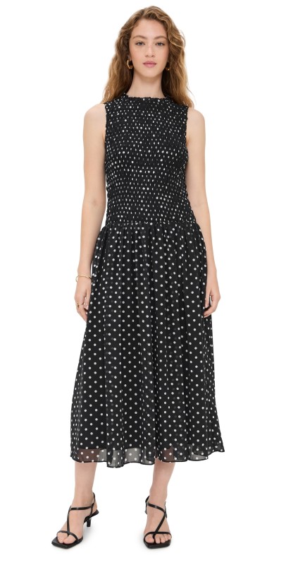 endless rose Smocked Drop Waist Polka Dot Maxi Dress Black/White