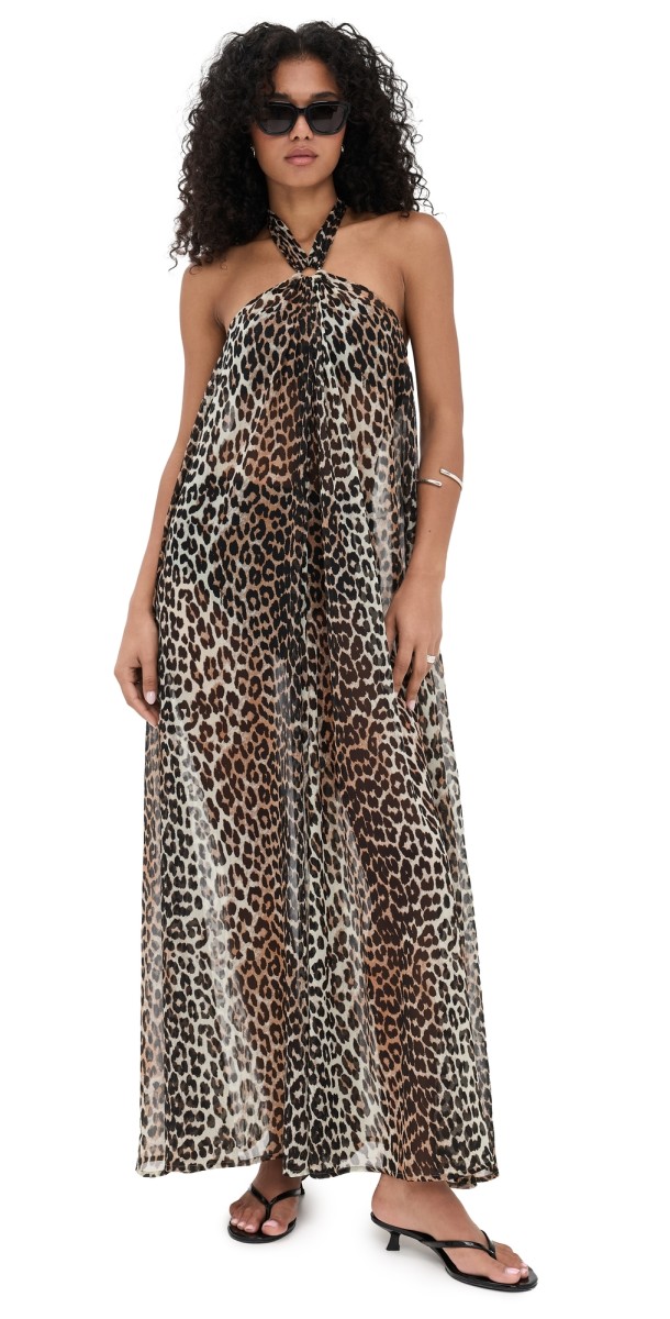 GANNI Light Chiffon Halterneck Dress Leopard