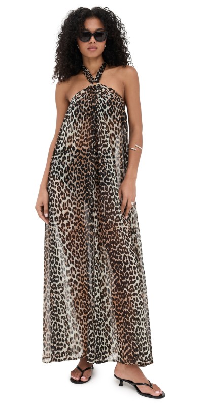 GANNI Light Chiffon Halterneck Dress Leopard