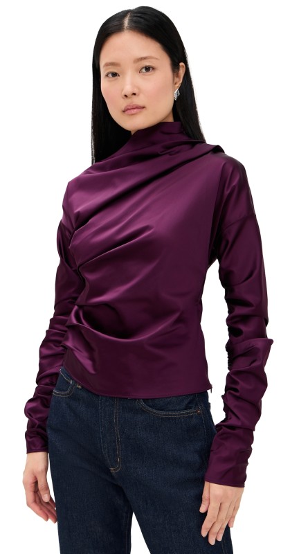 GANNI Technical Stretch Satin Ruched Top Mauve Wine