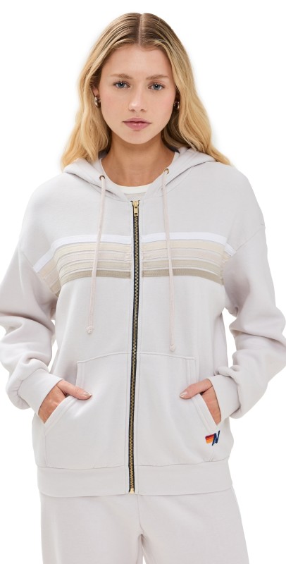 Aviator Nation 5 Stripe Zip Hoodie Relaxed Dove Grey/White Grey