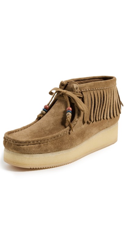 Clarks Wallabee Wedge Fringe Boots Light Tan Suede
